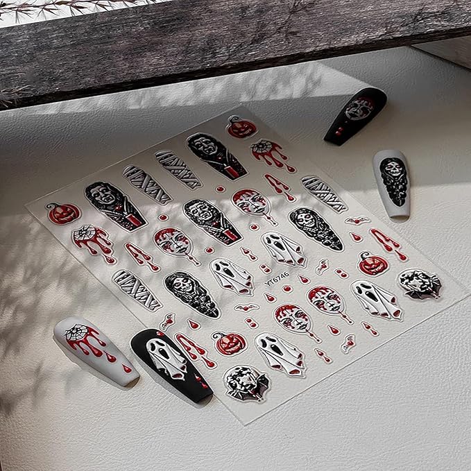 Halloween Ghost Nail Stickers 3D Embossed Stickers for Nails Spooky Nail Decals with Mummy Blood Drop Pumpkin Designs DIY Self Adhesive Nails Art Decoration