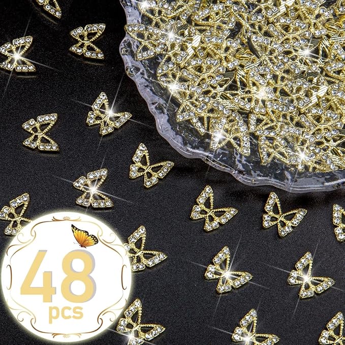 Golden Butterfly Nail Charms Bulk 48pcs 3D Gold Butterflies Charms for Acrylic Nails, Nail Rhinestones Charms Alloy Studs Nail Art Jewels Diamonds Gems Decor Supplies for Nails Face Makeup DIY