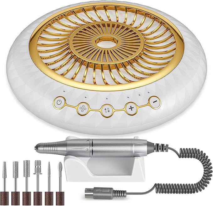 Nail Dust Collector 5000RPM Quiet Vacuum Fan - 30000RPM Nail Drill Electric File with Multiple Professional Grinder Bits(2 in 1 Set),Home & Salon Manicure - Beginners & Pros