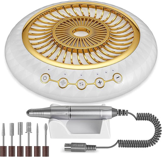 Nail Dust Collector 5000RPM Quiet Vacuum Fan - 30000RPM Nail Drill Electric File with Multiple Professional Grinder Bits(2 in 1 Set),Home & Salon Manicure - Beginners & Pros