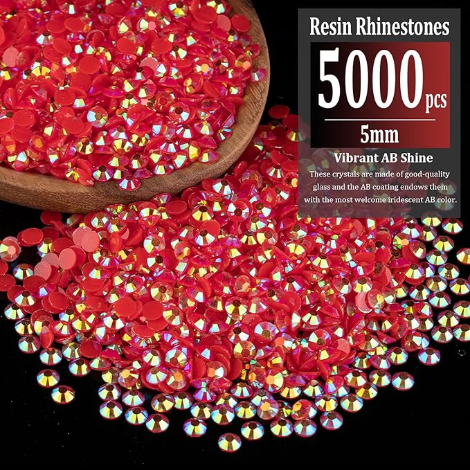 5000pcs 5mm Resin Rhinestones Bulk, Red AB Flatback Round Jelly Rhinestones Bedazzling Non Hotfix Crystal Gems Large Quantity Wholesale for DIY Crafts Clothes Bottles Tumblers Face Makeup Manicure