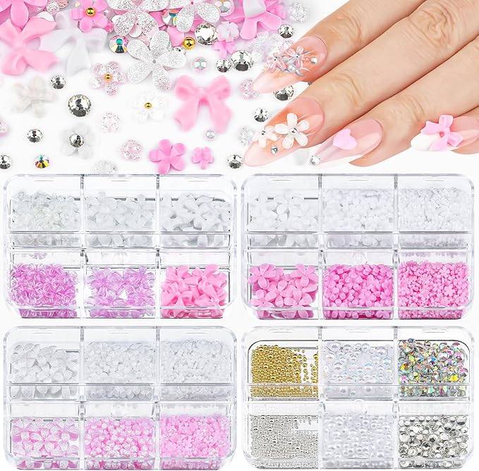 4 Boxes 3D Flower Nail Charms and Gems - Pink/White Nail Flower & Bow Charms Crystal AB Clear Gemstones Silver/Gold Caviar Beads White/AB Pearls for Women DIY Manicure Crafts (20-S4-PinkWhite)