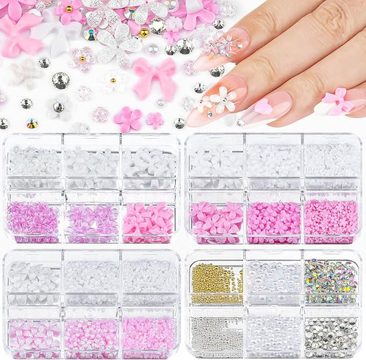 4 Boxes 3D Flower Nail Charms and Gems - Pink/White Nail Flower & Bow Charms Crystal AB Clear Gemstones Silver/Gold Caviar Beads White/AB Pearls for Women DIY Manicure Crafts (20-S4-PinkWhite)