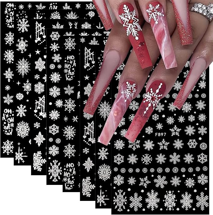 8 Sheets 3D Snowflake Nail Art Stickers Winter Christmas Nail Decals Glitter White Silver Snowflake Nail Stickers Self Adhesive Xmas Snow Nail Design Holiday Christmas Nail Decoration for Women Girls