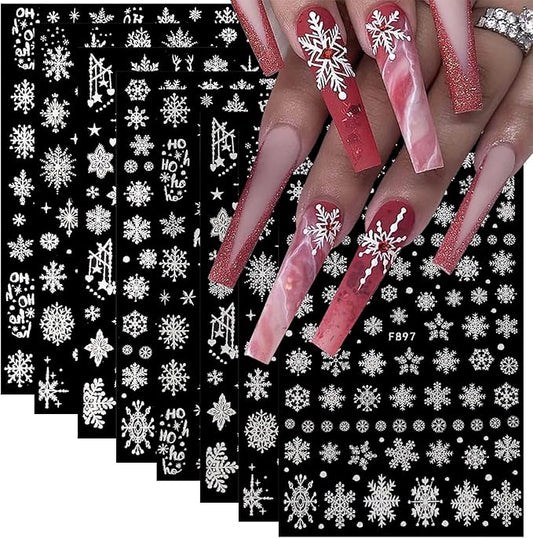 8 Sheets 3D Snowflake Nail Art Stickers Winter Christmas Nail Decals Glitter White Silver Snowflake Nail Stickers Self Adhesive Xmas Snow Nail Design Holiday Christmas Nail Decoration for Women Girls