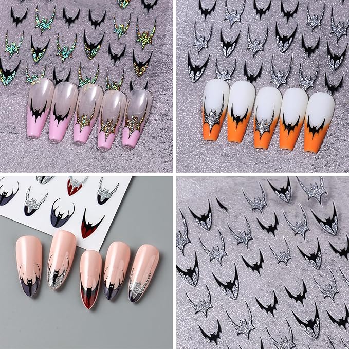 6 Sheets Halloween Bat Nails Art Stickers Glitter Holographic Gold Silver French Bat Design Nail Sticker Halloween French Sticker for Nails Decals Decals Holiday Decoration Kit for Women DIY Nails