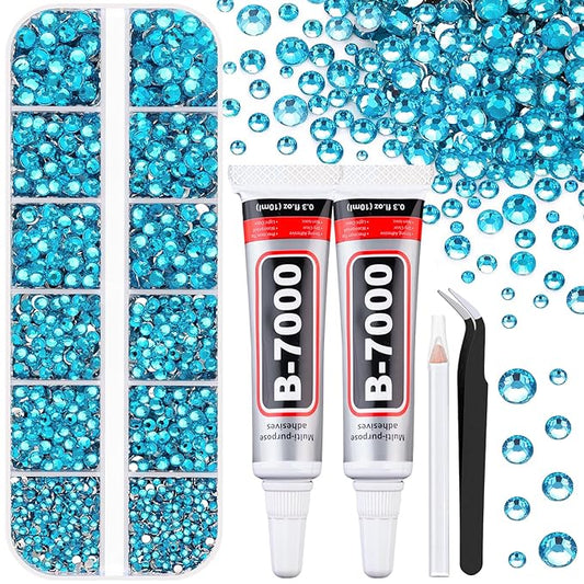 6100Pcs Resin Rhinestones for Crafting with 2Pcs 10ml B7000 Jewelry Glue, 1 Box Flatback Crystals Diamond (Indicolite) for Bedazzling Crafts DIY Nail Art Non Hotfix Gems for Clothing Shoes