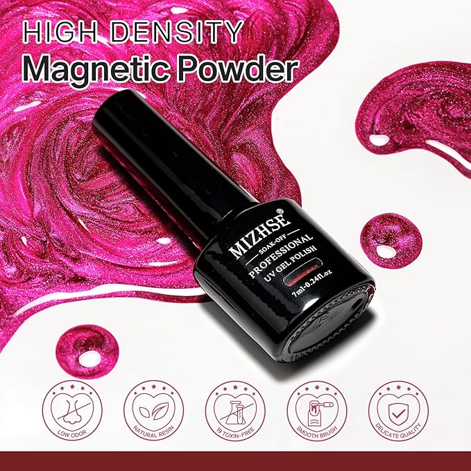 MIZHSE Cat Eye Gel Nail Polish, Pink Magnetic Gel Polish Set with Magnet Stick, Glossy Finish Neon Hot Pink Soak Off Nail Art Manicure Salon DIY Home Women Gift