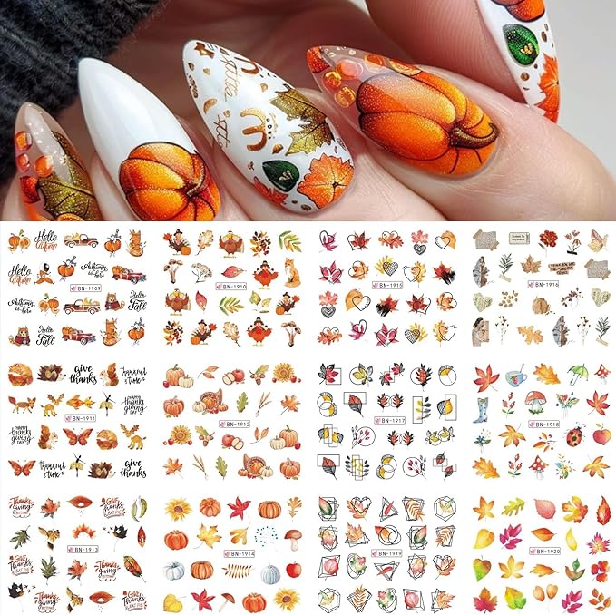 Fall Nail Stickers Water Decals 48 Designs Autumn Maple Leaf Water Transfer Nail Decals Turkey Pumpkin Squirrels Foxes Sliders Manicure Fall Sticker for Nail Decoration DIY Supplies 4 Sheets