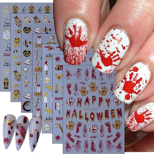 10 Sheets Halloween Nail Art Stickers Decals 3D Skeleton Pumpkin Spider Knife Etc Self-Adhesive Designs Nail Decals Supply Red Gold Skull Cross Nail Stickers for Women DIY Manicure Decoration