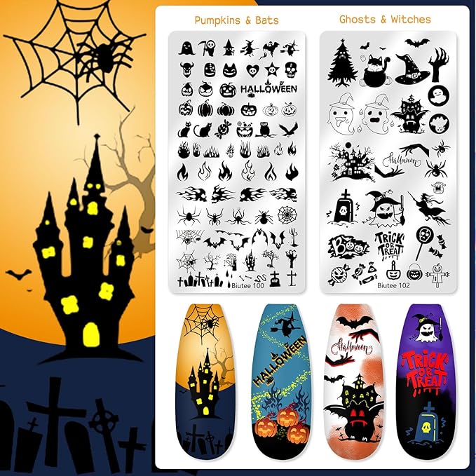 Biutee Nail Stamper Kit 12Pcs Nail Art Stamping Plate 8 Colors Stamp Polish Gel with Top Coat and Base Coat Set Silicone Stamper Scraper, Nail Stamp Plates Love Flower Butterfly Leaf Halloween Design