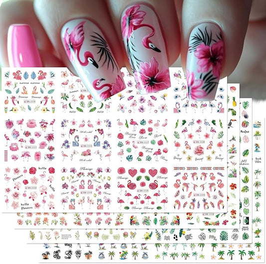 Flamingo Nail Water Decals Stickers 48 Designs Tropical Summer Nail Art Stickers DIY Watermark Fingernails Supply Colorful Flower Leaves Coconut Tree Nail Art Decoration Manicure Accessories 4 Sheets
