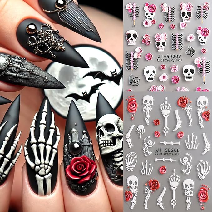 2Sheets Halloween Nail Art Stickers 5D Embossed Skull Bones Nail Decals with Cute Rose Flowers Designs Nail Stickers Self-Adhesive Skeleton Floral Nail Decal for Women DIY Manicure Decoration Supplies
