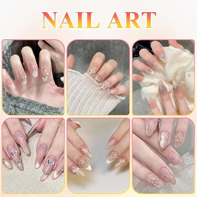 3D Metal Bowknot & AB Pearl and Mini Beads Nail Art Kit - Gold/Silver Alloy Bowknot, 1-2mm Stainless Steel Caviar Beads, 3mm Half Pearls for Professional Salon & DIY Manicure Jewelry Designs (Set 5)