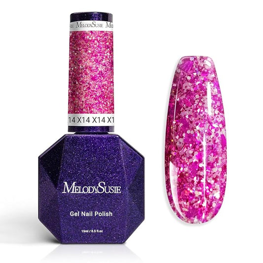 MelodySusie Galaliver Glitter Gel Nail Polish, 15ML Sparkly Shimmer Gel Polish Soak Off UV LED Cured Long Lasting Gift for Women DIY Nail Design Nail Art Manicure Romantic Pink X14