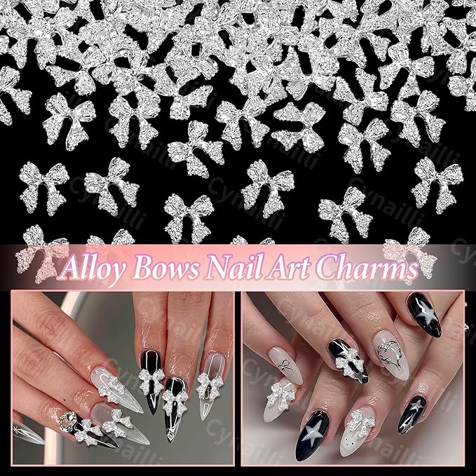 80 Pcs Silver Alloy Bow Nail Charms, 1011mm, Ideal for Nail Art, DIY Accessories