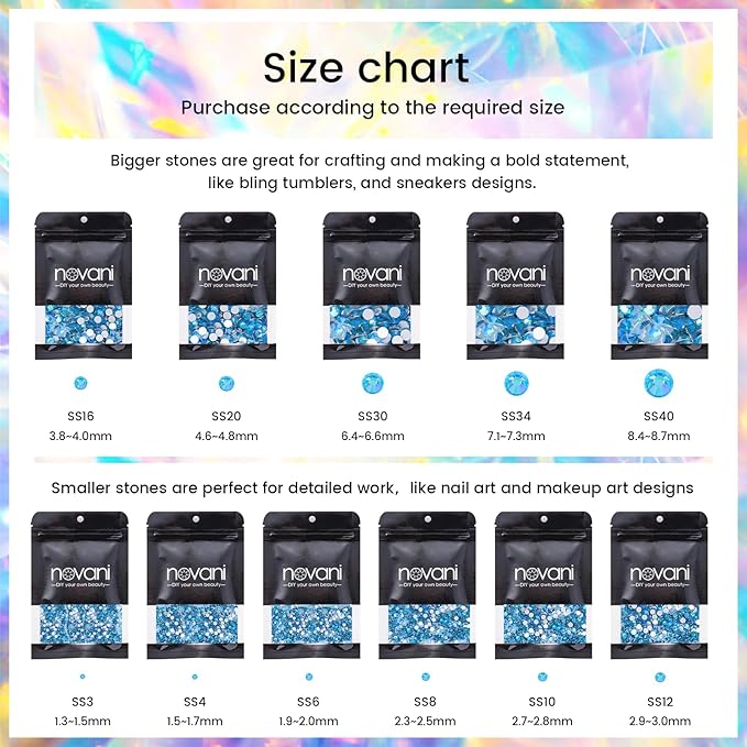 Novani Rhinestones for Crafts, Glass Crystals - Flatback Nail Gems & Rhinestones for Nails Art, Makeup, Face, Clothes, Shoes Decoration - DIY (SS16, 1440pcs, Aquamarine AB)