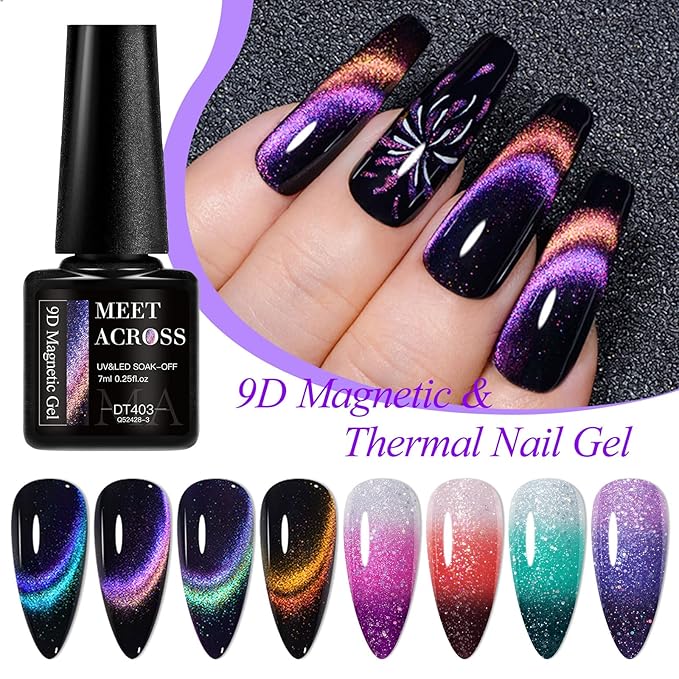 MEET ACROSS 8pcs Nail Polish Set, Soak off UV LED Lamp Cat Eye Gel Set Home Manicure Kit 7ml (Glitter Temper + 9D Cat Eye Gel)