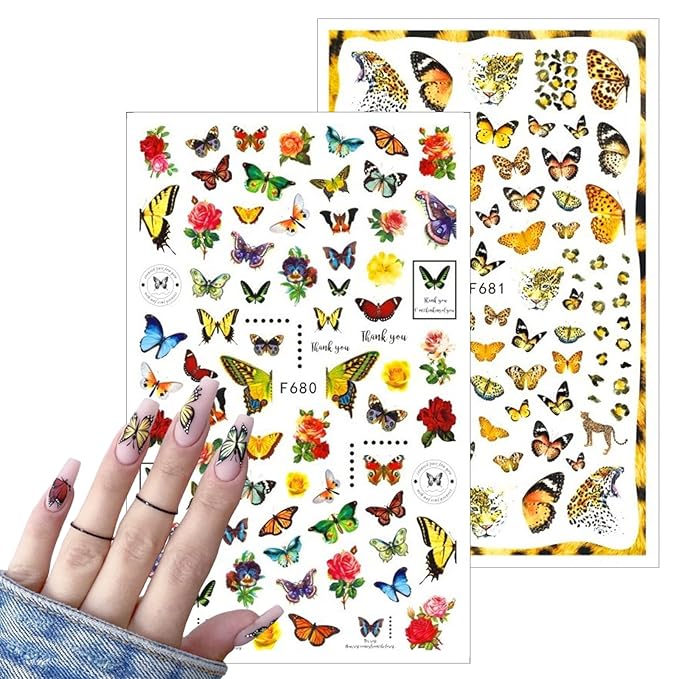 7 Sheets Butterfly Nail Art Sticker Decals Spring Summer 3D Self-Adhesive Nail Decals Colorful Floral Nail Supplies Pink Blue Purple Yellow Butterfly Nails Designs Supplies for Women Nail Decoration