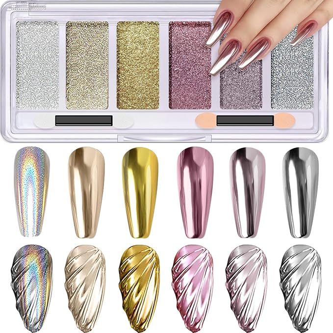 Gold Silver Chrome Nail Powder, Metallic Mirror Effect Pink Light Purple Champagne Chrome Powder for Nails, Unicorn Iridescent Holographic Nail Pigment Glitter Dust for Nail Art Decoration