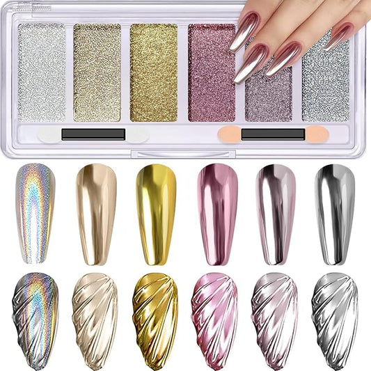 Gold Silver Chrome Nail Powder, Metallic Mirror Effect Pink Light Purple Champagne Chrome Powder for Nails, Unicorn Iridescent Holographic Nail Pigment Glitter Dust for Nail Art Decoration