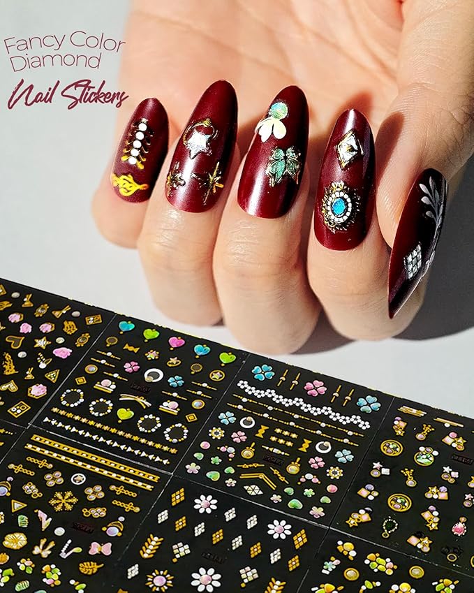 60 Sheets Nail Stickers for Nail Art, Self Adhesive Nail Decals with Colorful and Gold Nail Charms and Gems Nail Art Stickers, Nails Supplies for Nails Design Kit