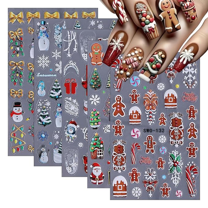 5 Sheets Christmas Nail Art Sticker Snowman Elk Christmas Tree Gingerbread Man Design Winter Xmas Self-Adhesive Snowflake Santa Claus Nail Stickers Decals for Nails Supplies Christmas Nail Decoration