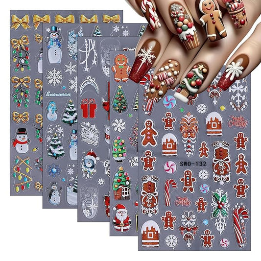 5 Sheets Christmas Nail Art Sticker Snowman Elk Christmas Tree Gingerbread Man Design Winter Xmas Self-Adhesive Snowflake Santa Claus Nail Stickers Decals for Nails Supplies Christmas Nail Decoration