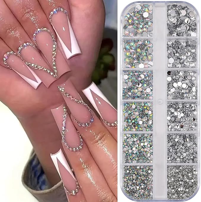 12Grids Shiny Rhinestone Nail Art Charms - 3D Colorful Rhinestones Nail Charms for Acrylic Nails Sliver Diamonds Nail Jewelry with Sliver Flat Back Designs for Women DIY Manicure Crafts Decor Supply