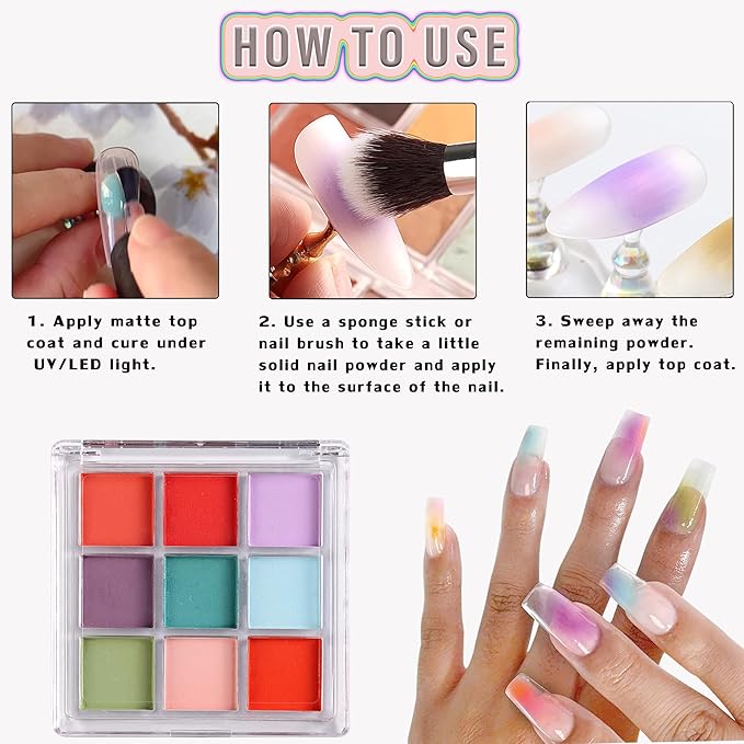 9 Colors Nail Pigment Palette Gradient Ombre Nail Powder Set for DIY Manicure Beginners - Perfect Nail Design with Ultra Fine Powder - Includes 5 Sponge Sticks 1 Brush #06
