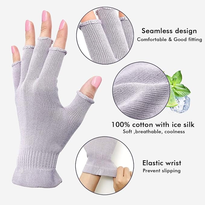 MIG4U Fingerless Moisturizing Gloves, Half Finger Touchscreen Beauty Glove for Eczema, SPA, Dry Hands, Skin Treatment, Summer Sun UV Protection, Pale Purple, 1 Pairs L/XL
