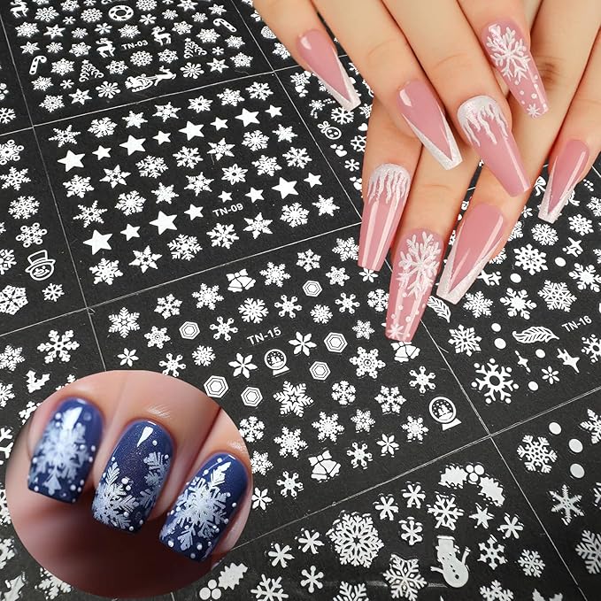30 Sheets Christmas Nail Art Stickers 3D Self-Adhesive White Snowflake Nail Decals Winter Xmas Elk Snowman Designs Nail Supplies Christmas Cute Nail Decoration for Women Manicure Accessories