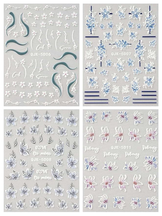 JMEOWIO 3D Embossed Spring Flower Nail Art Stickers Decals Self-Adhesive Pegatinas Uñas 5D Colorful Summer Floral Nail Supplies Nail Art Design Decoration Accessories 4 Sheets