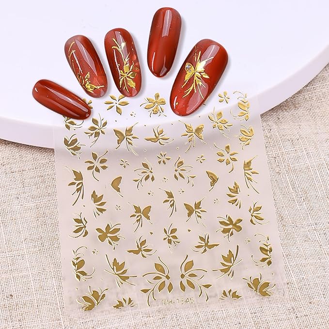 Gold Flower Nail Stickers for Nail Art, Nail Stickers Decals 3D Self Adhesive Floral Nails Sticker for Women Nails Art Sticker Decoration