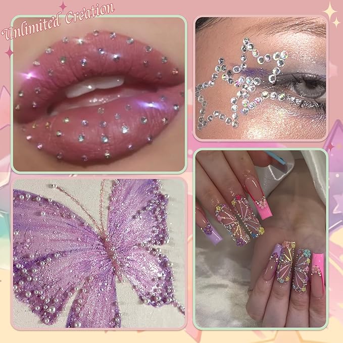 Nail Rhinestones , AB Crystal Nail Gems Flat Back Nail Rhinestones with Nail Pearls Star Heart Bows FLower Nail Charms and Rhinestone Picker Tools for Kwaii Y2K Nail Art Decor - 3 Boxes