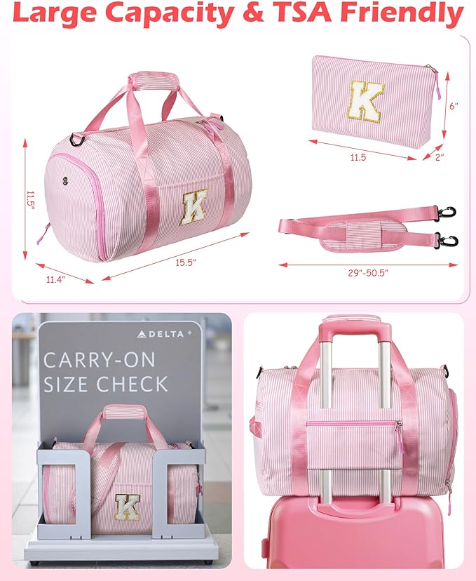 Birthday Gift for Grandkids, Girls Travel Duffle Bag, Kids Initial Overnight Bags with Shoe Compartment, Personalized Weekender Bag with Makeup Pouch, Sweet 16 Gifts for Girl (Letter I)