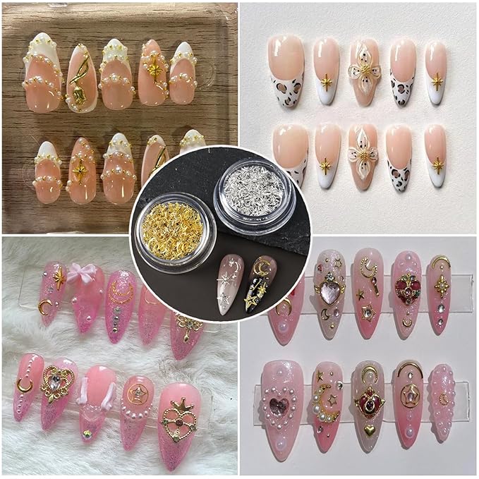 Star Nail Charm for Nails,3D Gold Silver Star Nail Art Charm 2Box Metal Five-Pointed Star Gold Silver Stars Moon Rivet Nail Accessories Metallic Studs Rhinestones Star Nail Jewelry Decor Manicure Kit