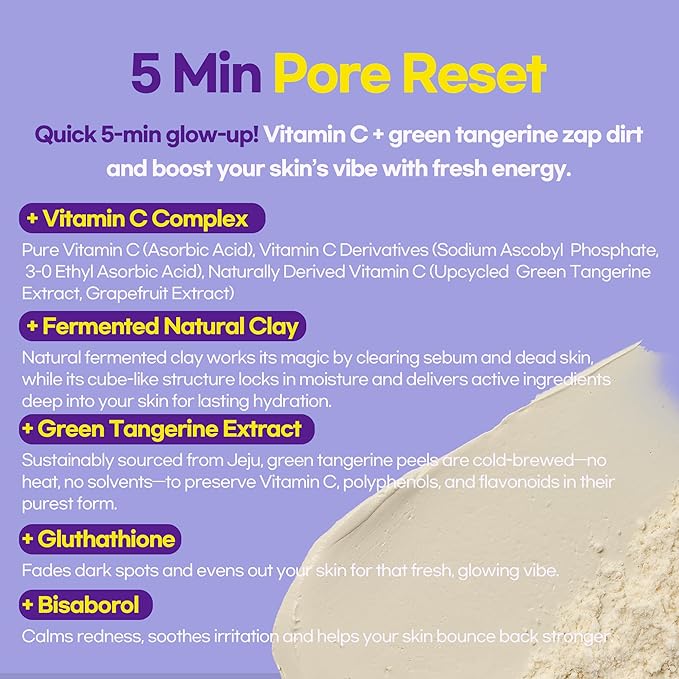 Vitamin C Clay Mask, Hydrating & Brightening Face Mask, Fermented Natural Clay, Kaolin & BHA, Upcycled Green Tangerine, 2.8oz