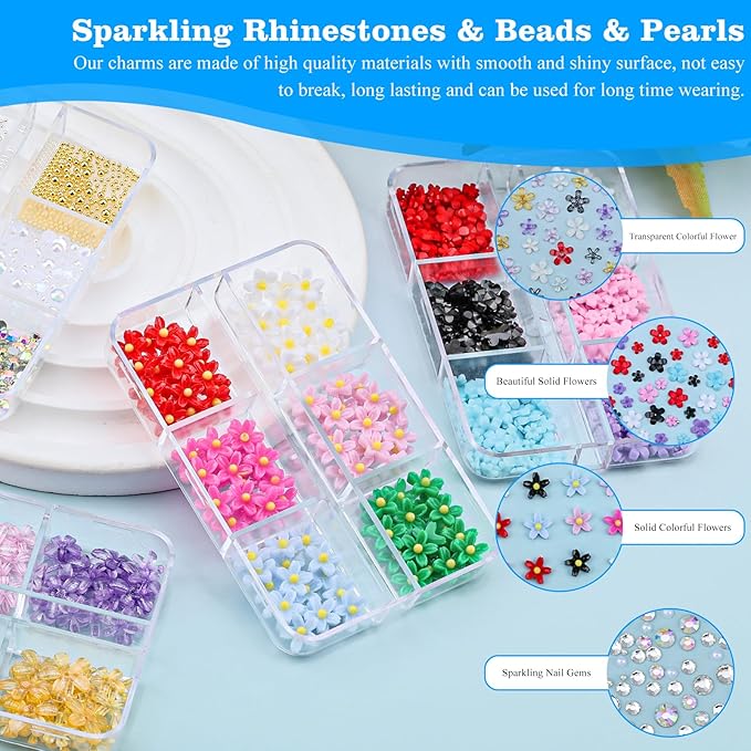 4 Boxes 3D Flower Nail Charms and Gems - Colorful Nail Flower Charms Crystal AB Clear Gemstones Silver/Gold Caviar Beads White/AB Pearls for Women DIY Manicure Crafts (22-S4-Colorful2)