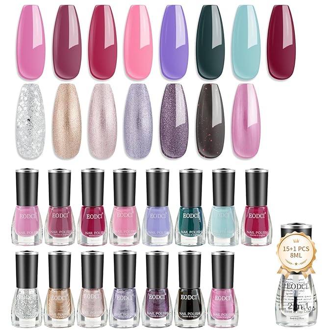 16 PCS Nail Polish Set, 15 Colors Quick Dry Nail Polish Kit With 2in1 Base/Top Coat Purple Pink Glitter Gold Sliver Finger Nail Polish Pack Glossy Toenail Polish DIY Gifts for Women