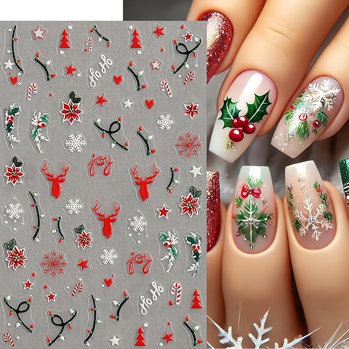 4 Sheets Christmas Nail Art Stickers Christmas Holly Nail Decals Relief Holly Leaf Christmas Tree Elk Nail Supplies White Snowflake Nail Design for Women New Year Xmas Holiday Nail Decor Accessories
