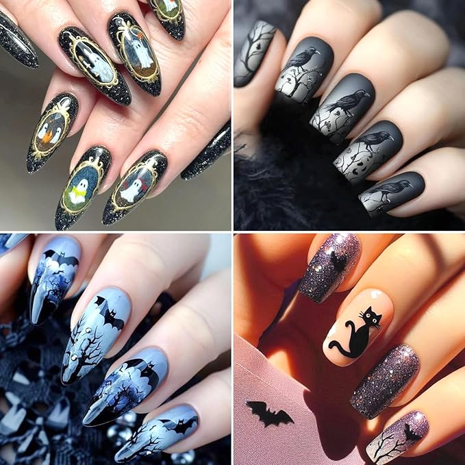 2Sheets Halloween Nail Art Stickers 3D Ghost Spider Nail Decals with Gold Edge Designs Nail Stickers Self Adhesive Bat Heart Nail Decal Black Cat Crow Nail Sticker for Women DIY Nails Decor Supplies