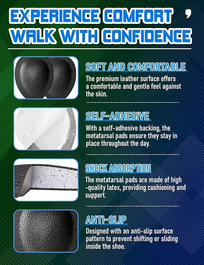 Metatarsal Pads for Men, Ball of Foot Cushions for Pain Relief, Comfortable Forefoot Support for Metatarsalgia and Morton's Neuroma, 1/3 Inch Thick Self-Adhesive Foot Pads, 2 Pairs L