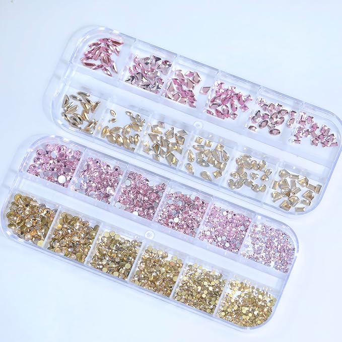 HNUIX Nail Rhinestones for Nails - 3D Multi Shapes, Flat Back, Small Nail Gems, Champagne Gold & Light Pink Nail Diamonds, with Kit, for Nail Art, DIY Decor