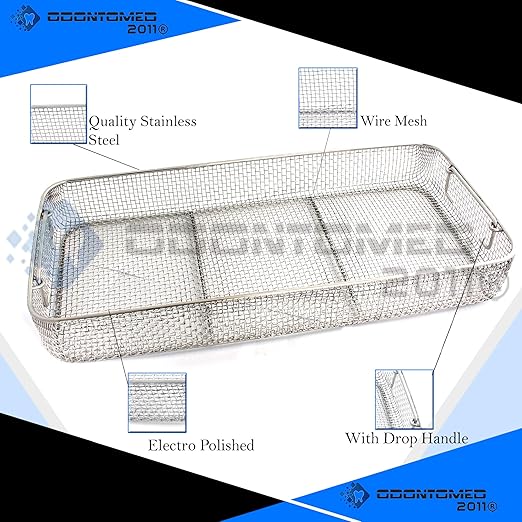 OdontoMed2011 Sterilizing Trays Micro Instruments Tray with Drop Handle 21" X 10" X 3" Wire Mesh Trays Perforated Baskets Stainless Steel DN-322
