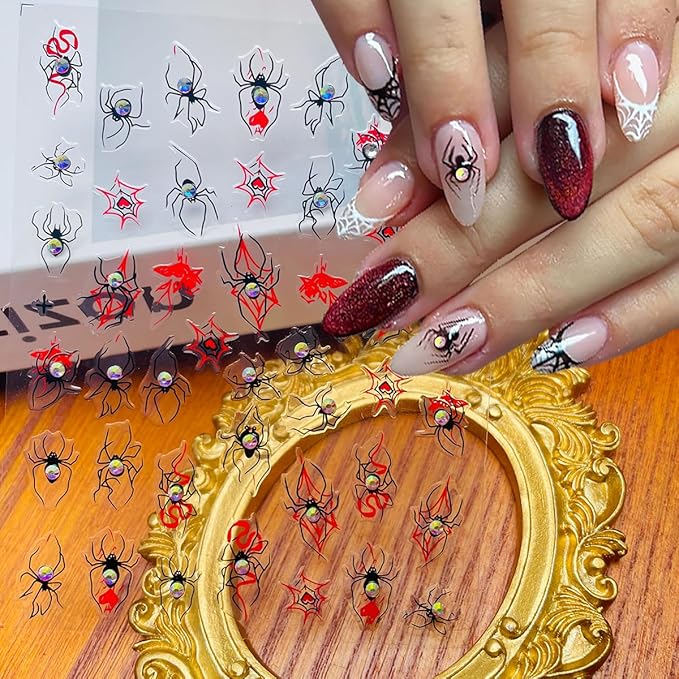 2 Sheets Halloween Nail Stickers Self Adhesive Spider Web Nail Art Stickers 5D Spider Rhinestones Nail Decals Gothic Halloween Nails Design DIY Holiday Manicure Supplies for Women Nails Accessories