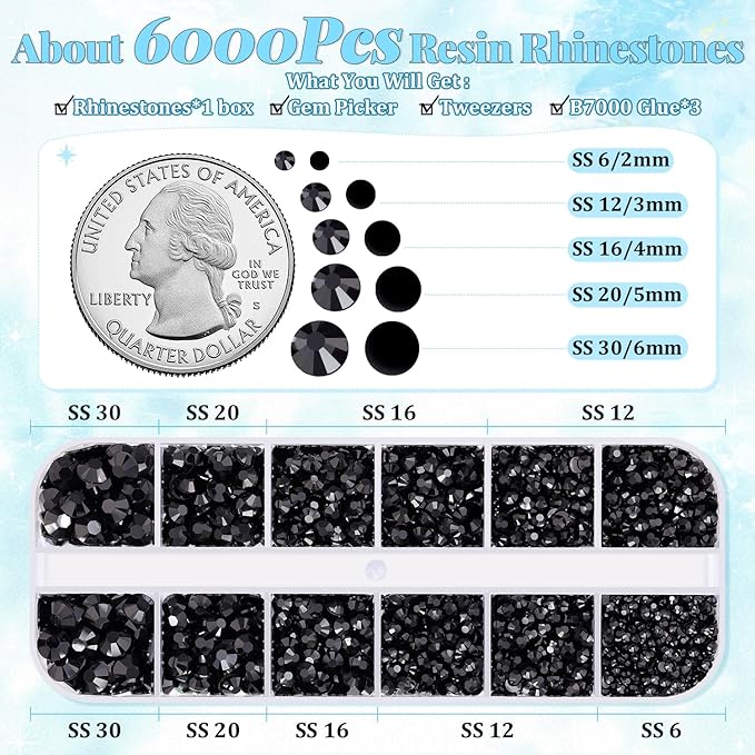 6000Pcs Resin Rhinestones for Bedazzling with 3Pcs B7000 Jewelry Glue, 1 Box Black Flatback Rhinestones for Crafting Crafts DIY, Crystals Gems for Clothing Shoes Tumblers Nail Art Makeup