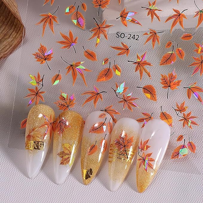 Fall Nail Art Stickers Autumn Maple Leaf Nail Decals 6PCS Laser Fallen Leaves Nail Art Supplies 3D Self-Adhesive Nail Stickers Autumn Leaf Nails Accessories for Women Thanksgiving Day Manicure Decor
