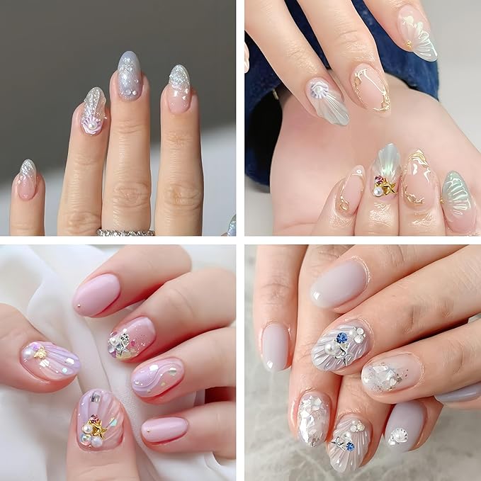 24Pcs Summer Nail Charms 3D Metal Nail Art Studs Seashell Starfish Theme Ocean Nail Rhinestones Sea Shell Nail Gems Pearl Colorful Crystal Design Nails Supplies Summer Beach DIY Crafts Manicure Decor