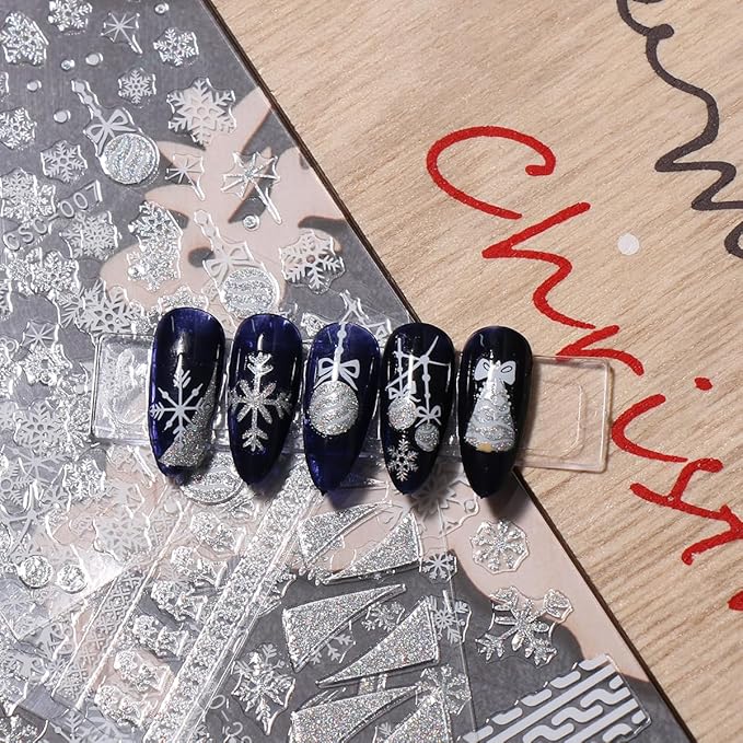 JMEOWIO 8 Sheets Christmas Glitter Nail Art Stickers Decals Self-Adhesive Snowflake Winter Holiday Cute Silver White Nail Supplies Nail Art Design Decoration Accessories